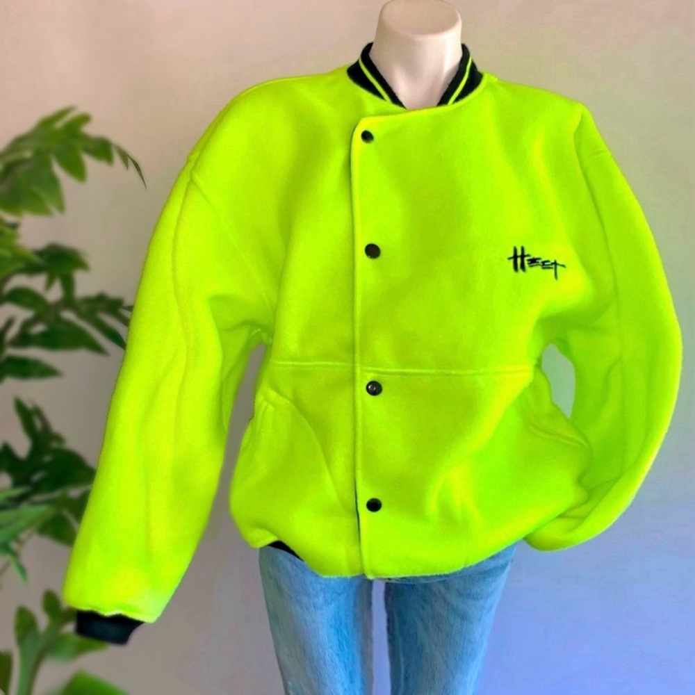 v i n t a g e :: Electric Fleece Bomber Jacket Rare 80s Neon Yellow - Picture 1 of 13